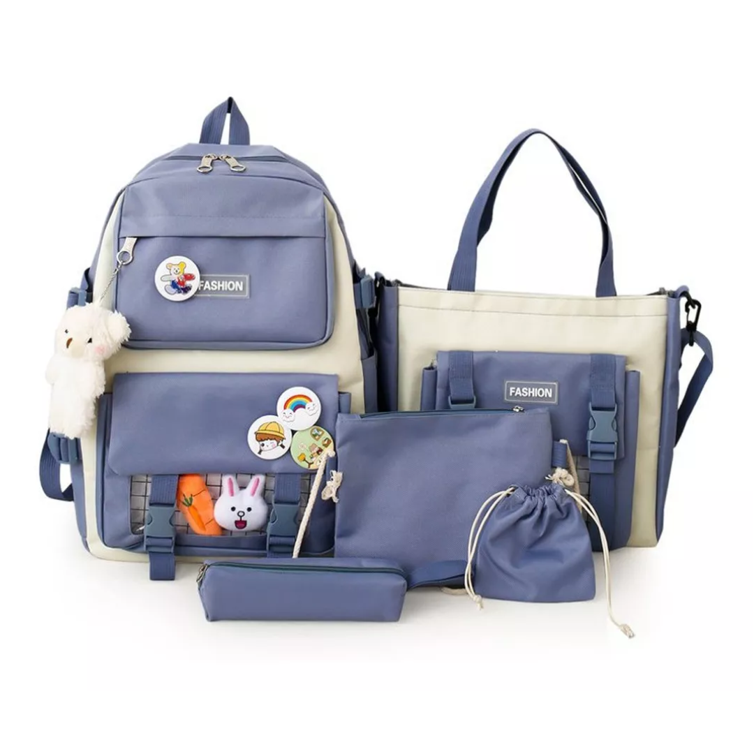 Kit Combo Mochila Escolar Kawaii 5 Pieza